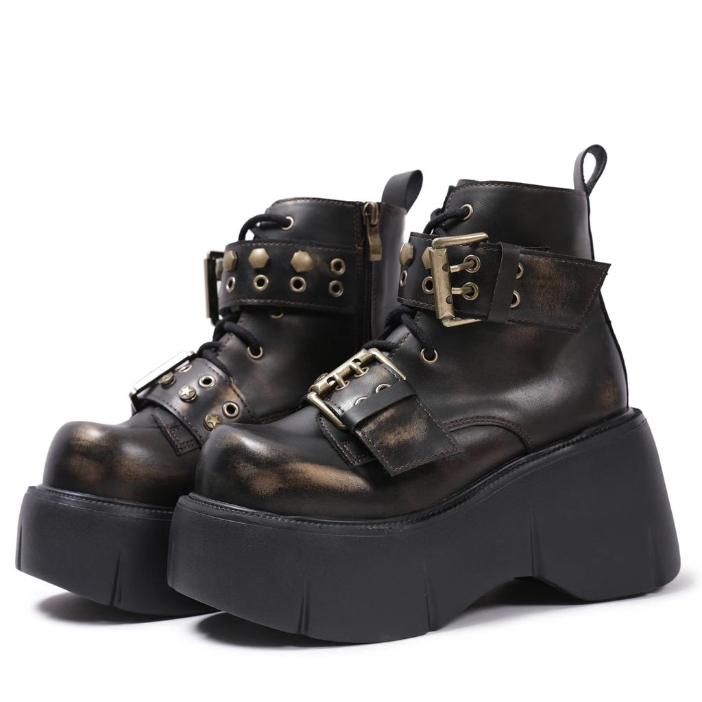 Fashion Punk Style Women Boots Lace-up Heel Height Platform Shoes Woman Gothic Ankle Rock Boots Metal Decor Man And Woman Sneakers 2025