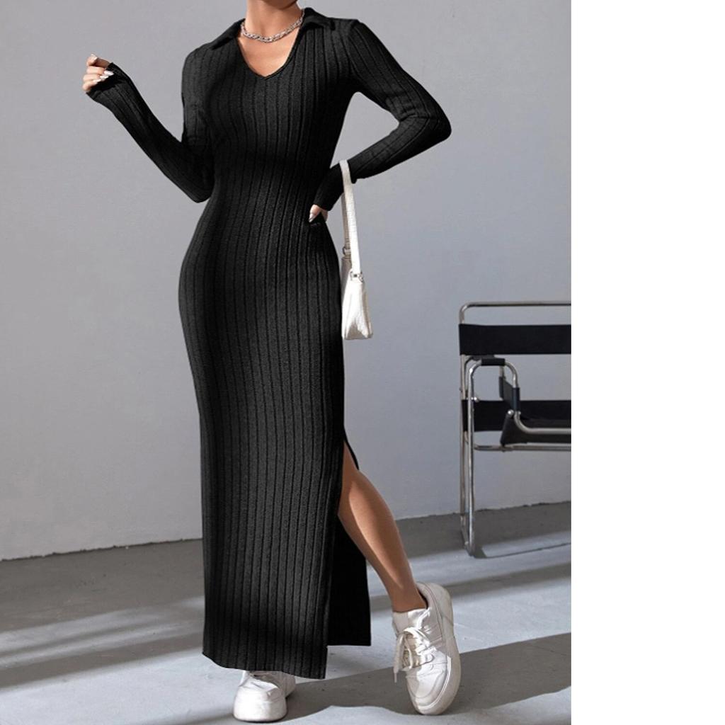 Женское осенне-зимнее трикотажное платье с узкими лацканами и длинными рукавами, однотонная обтягивающая юбка в тонкую полоску