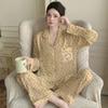 Легкая Роскошь Ретро Высококачественный Леопардовый Принт Звезда Ледяной Шелк Пижама Женский Комплект с Длинным Рукавом и Брюками для Отдыха