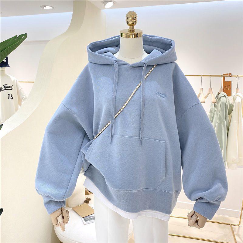 Women's Fleece-Lined Patchwork Hooded Sweatshirt - 2025 Autumn/Winter Korean Style Embroidered Loose Fit