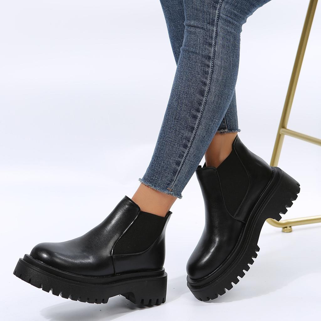 Fashion Chelsea Boots for Women 2024 PU Leather Ankle Booties Woman Punk Thick Bottom Slip On Combat Boots Black Chunky Platform Botas