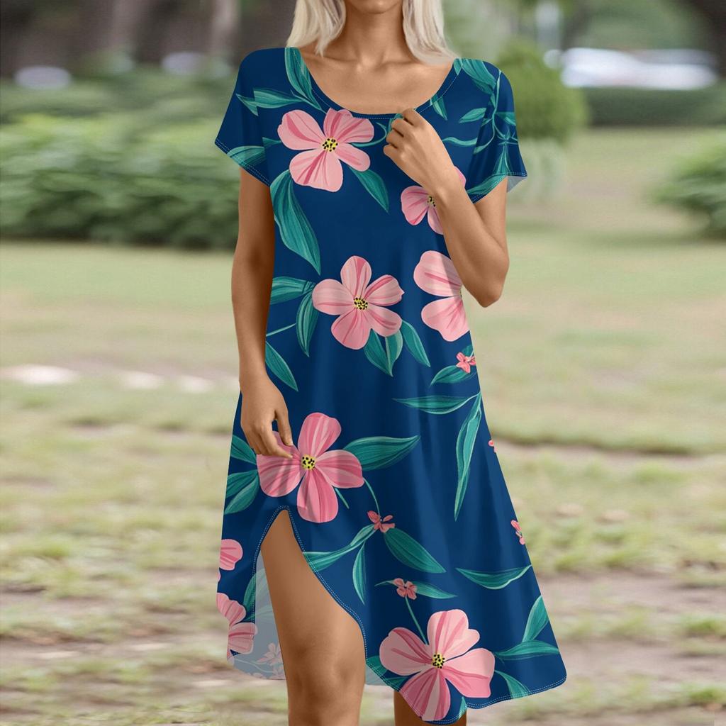 Short Sleeve Boho Dress For Women Casual Loose Fit Summer Sundress Floral Print Dress With Pockets