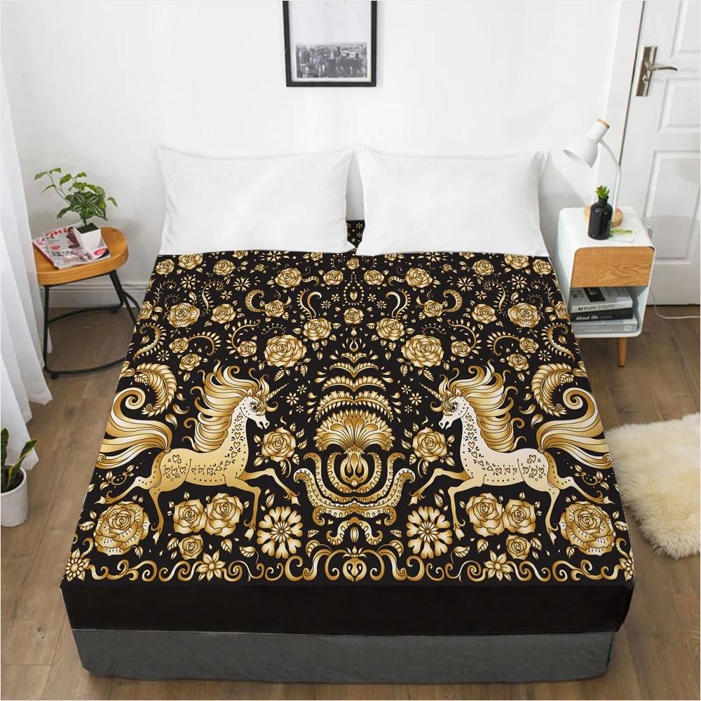 Простыни наматрасник с резинкой Простыня Постельное белье Простыня 90x200 200x200 150x200 Размер 3D-печать Черный Золотой