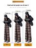 Women's Retro High-Waist Wool Plaid Pants - Contrast Color, Wide-Leg, Floor-Length, Velvet-Lined for Autumn/Winter 2024