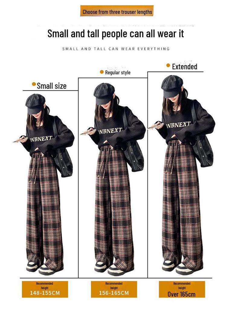 Women's Retro High-Waist Wool Plaid Pants - Contrast Color, Wide-Leg, Floor-Length, Velvet-Lined for Autumn/Winter 2024