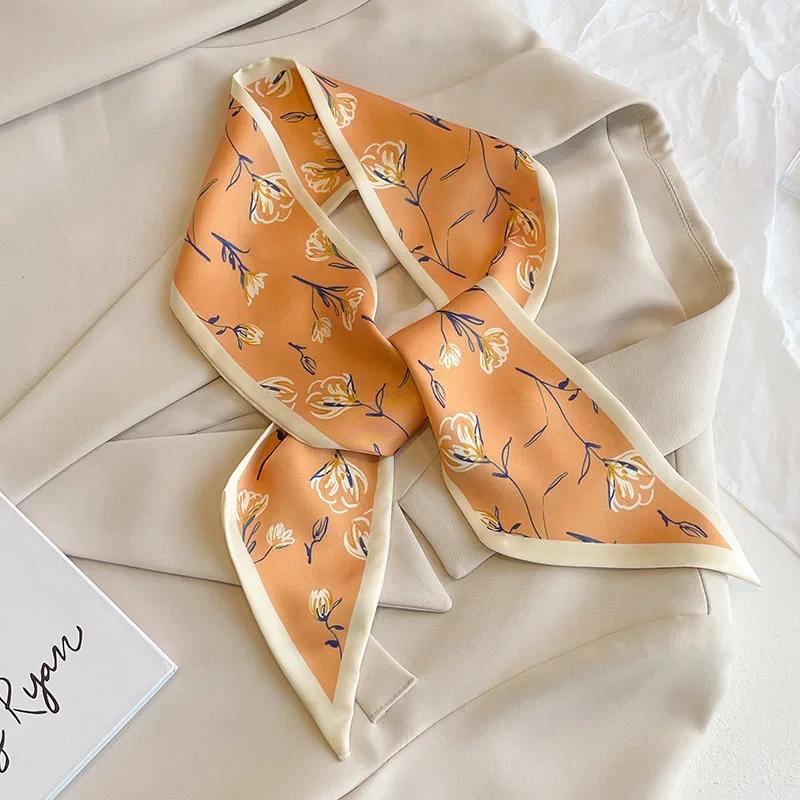 Модный принт шарф с лентой для волос, женский шейный галстук, сумка, шарфы, атласные шелковые узкие платки, женские платки с цветочными полосами, новинка 2022 года