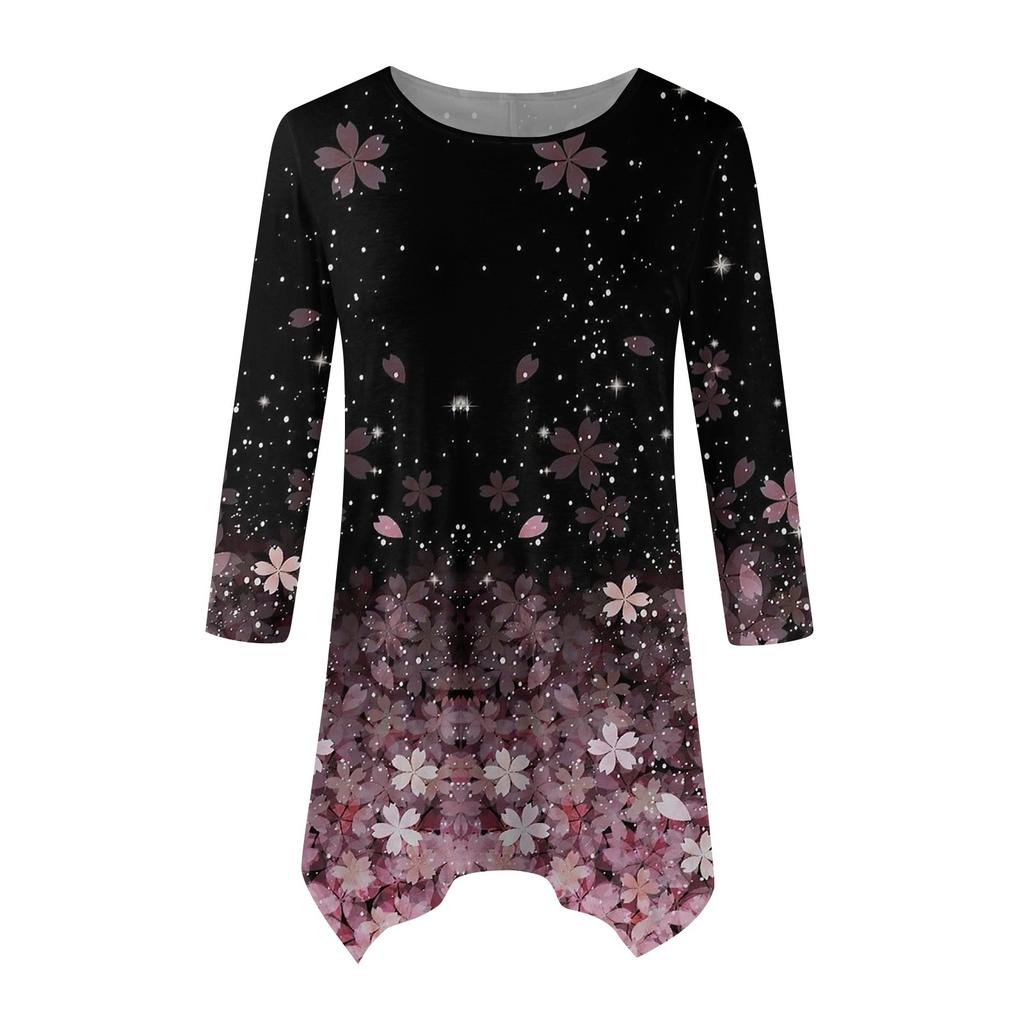 Женская модная повседневная рубашка с круглым вырезом и цветочным принтом, рукавами-семью, свободным удобным топом с поясом