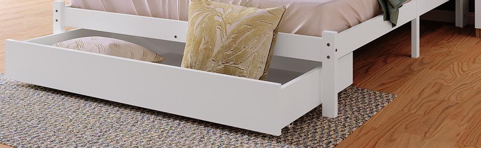 Solid Wood Double Bed with Drawers and Slatted Frame, Bookshelf Youth and Adult Children's Bed, 140x200cm White