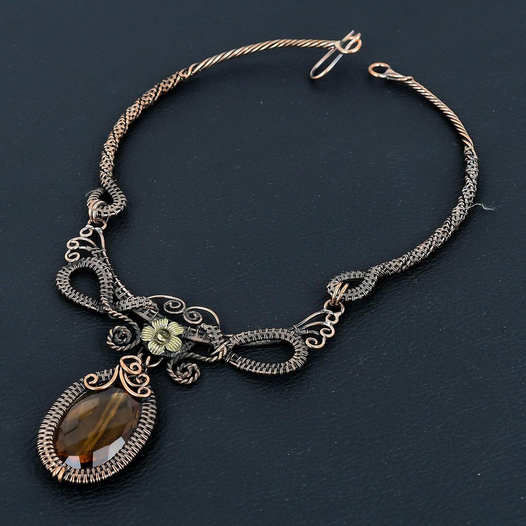 Ожерелье с цитрином, украшения ручной работы, ожерелье, обернутое медной проволокой 999 пробы, дизайнерские украшения с драгоценными камнями, ожерелье с регулируемой цепочкой, подарок для мамы
