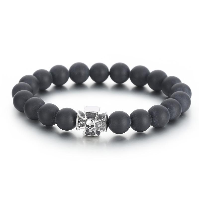 Европейский и американский матовый черный браслет из агата, белая сосна, тигровый глаз, камень, крест, полка, череп, титановая сталь, мужской браслет из бисера