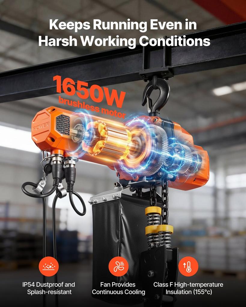 1000 kg Electric Chain Hoist, 3 m Lifting Height, 230V Single Phase Overhead Crane with 100 m Wireless & 2.4 m Wired Remote Control, Power Electric