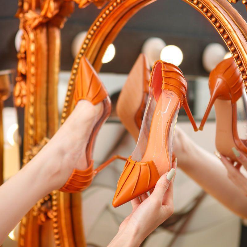 Модная женская обувь 2024 Весенние туфли-лодочки Бежевые туфли на высоком каблуке Рабочее платье Профессиональные остроносые сандалии на танкетке Женские с мелким вырезом Новейшие 12 см Мне