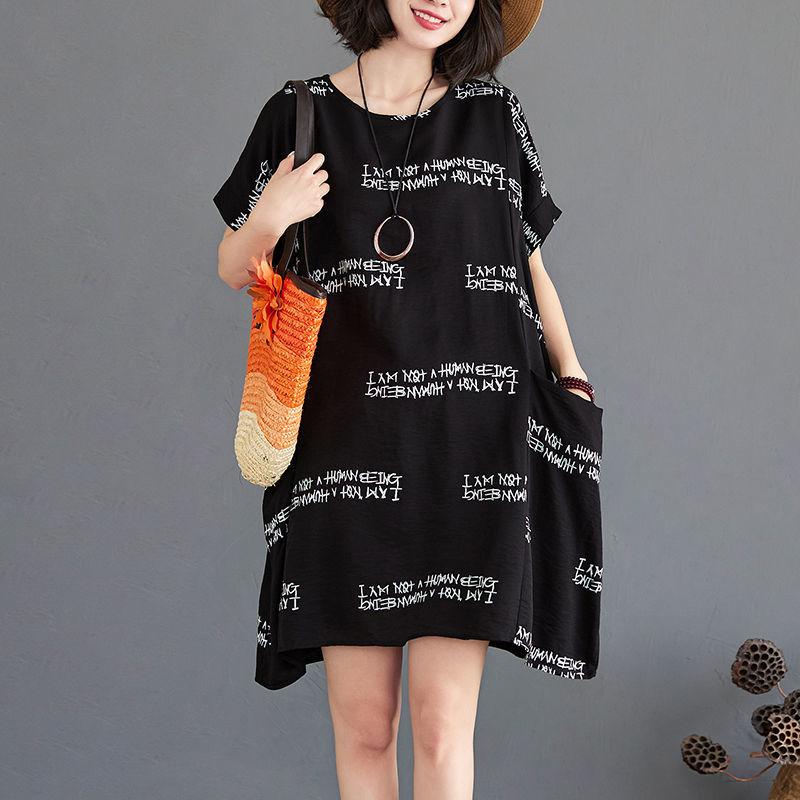 Женское платье больших размеров с летним принтом в виде букв, миди-платье с коротким рукавом, повседневные свободные платья