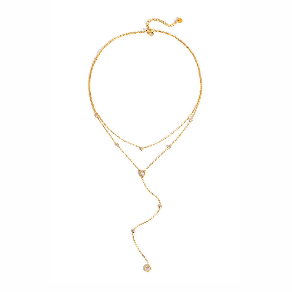 18K Gold Plated Stainless Steel Y Shaped Dainty Chain Water-Drop Pendant Necklace Double Layer Shiny Cubic Zirconia Necklaces