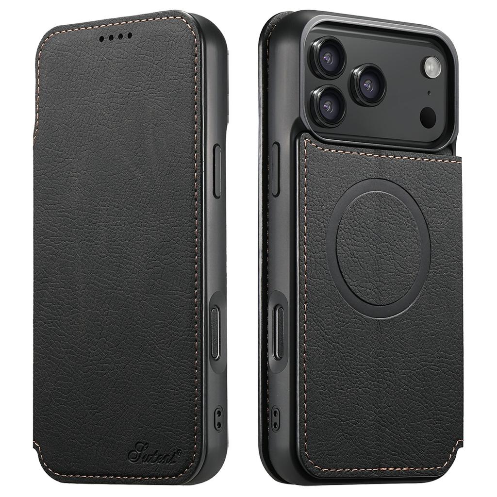SUTENI J06 For iPhone 17 Pro Case Litchi Texture Leather Wallet Phone Shell Compatible with MagSafe