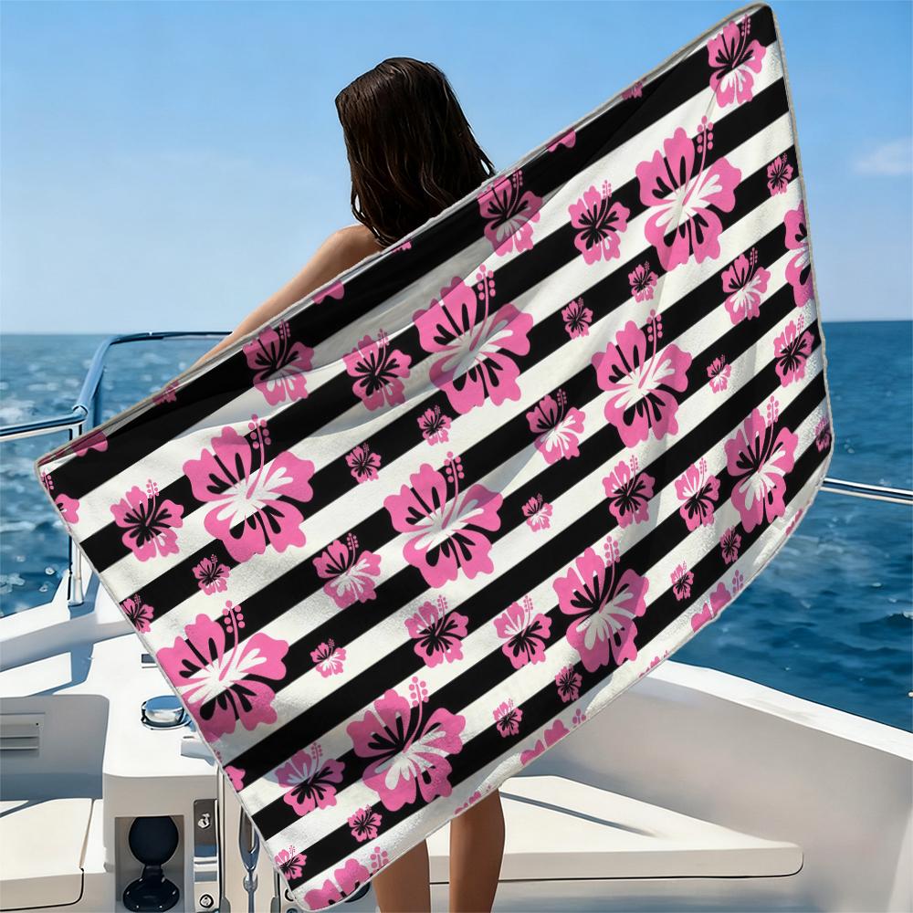 Hibiscus Stripes Beach Towel Ultra-fine Fiber Quick Drying Absorbent Beach Swimming Vacationvacation Essentials Gifts