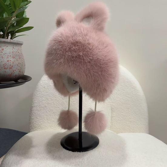 Winter Hat Faux Fur Ear Protective Cap Fox Ear Decor Soft Plush Lined Windproof Warm Winter Headwear
