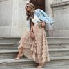 Women Spring Fall High Waist Mesh Solid Color Pleated Tiered Skirt
