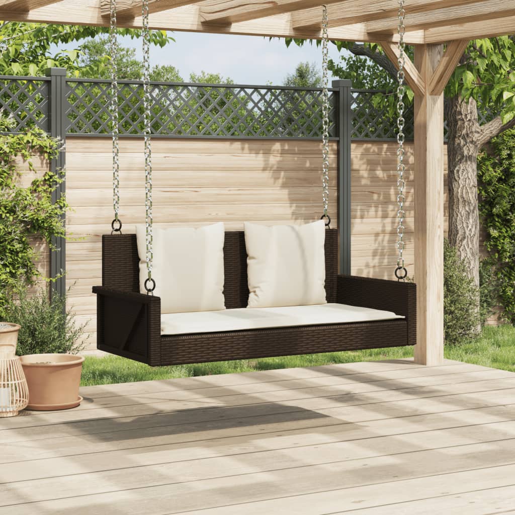 Hanging Swing Bench with Cushions Brown 119 x 56 x 48 cm Poly Rattan