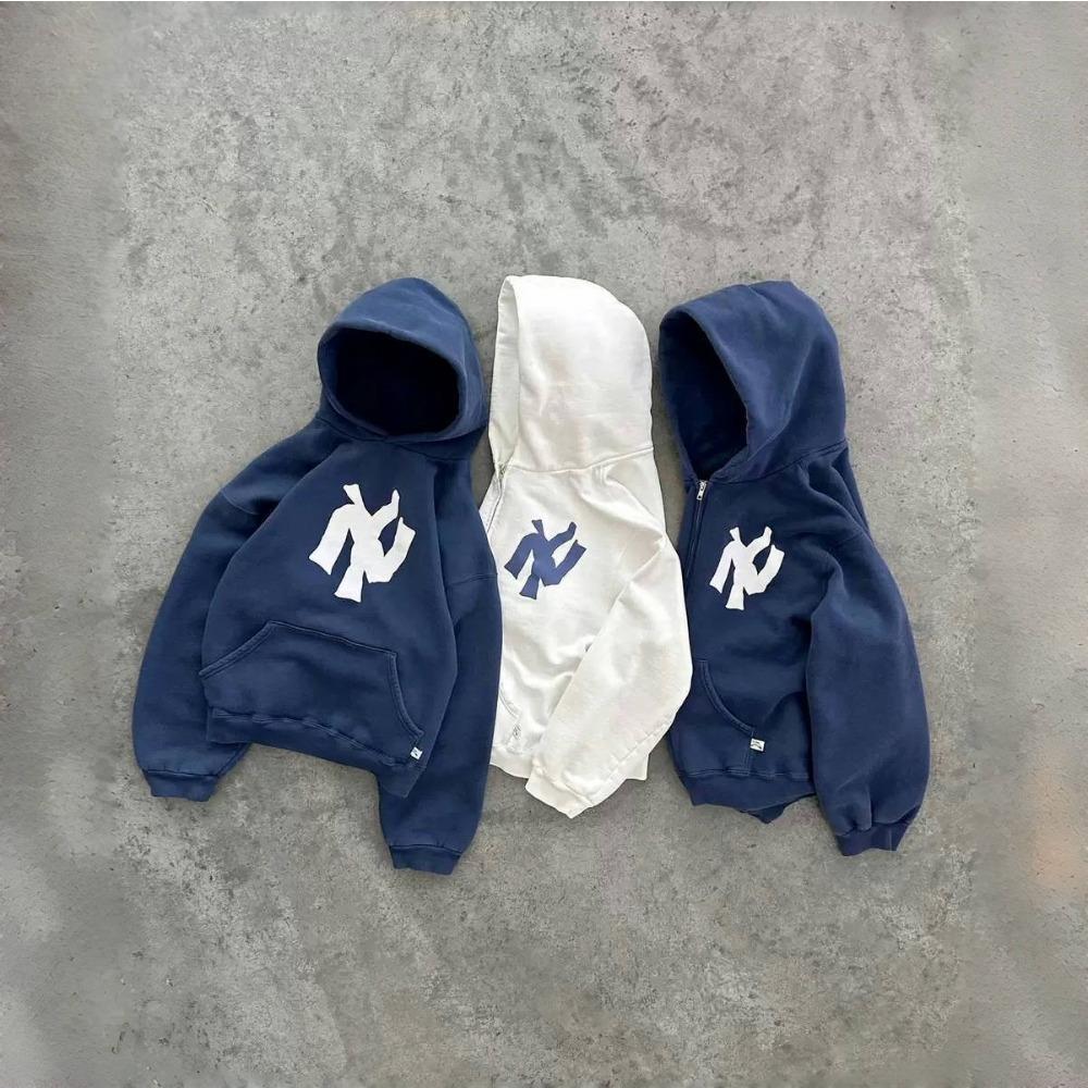 ZYLLO Харадзюку Ретро Новая Печать Цветок Раскрывающийся Свитер С Капюшоном Y2K Уличный Хип-Хоп Повседневный Свободный Свитшот Парный Топ