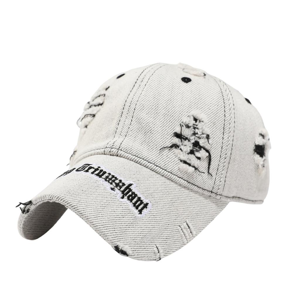 High quality letter ripped rough edge denim baseball cap men's summer wide brim hat women's American big head circumference cap
