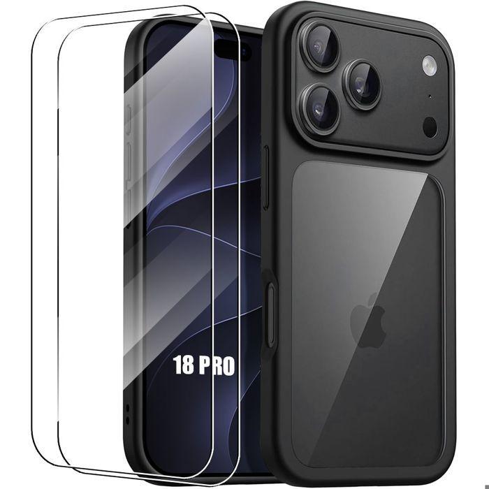 Coque + 2 Verres Trempés pour iPhone 18 Pro, Antichoc Silicone Noir avec Dos Transparent PC Rigide