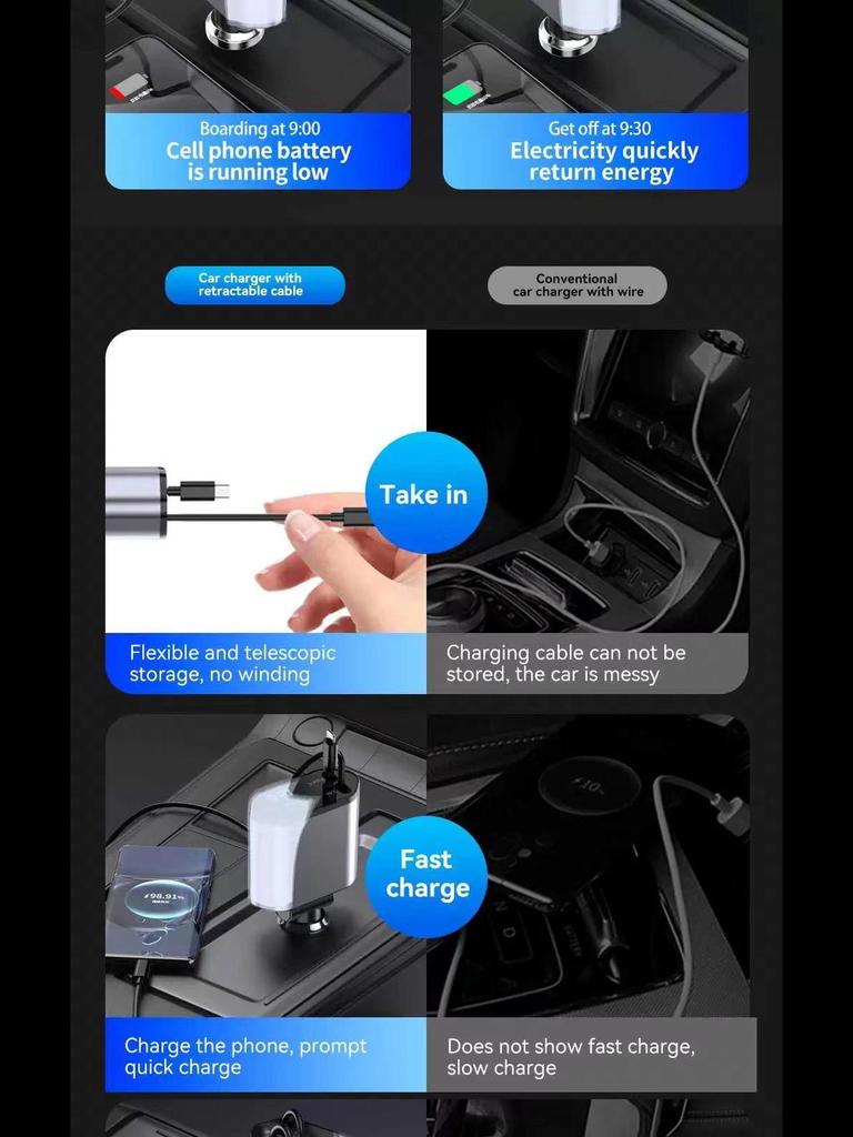 Автомобильное зарядное устройство сверхбыстрой зарядки мощностью 120 Вт с выдвижным кабелем, четыре прикуривателя в одном — быстрая зарядка, поддержка трансграничных перевозок
