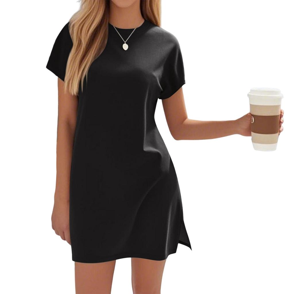 Women's Coverups Short Sleeve T-Shirt Dress Casual Side Slit Loose Fit Knee Length Beach Dress