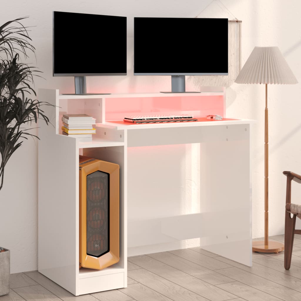 Biurko Z Podświetleniem Led, Białe, Wysoki Połysk, 97X45X90 Cm
