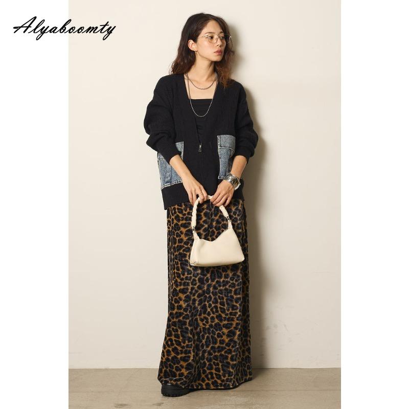 Корейская мода Осень Зима Женский кардиган V-образный вырез Черный Серый Абрикосовый Вязаный верхняя одежда Повседневный Свободный Дамский Джинсовый пэчворк Стильное пальто