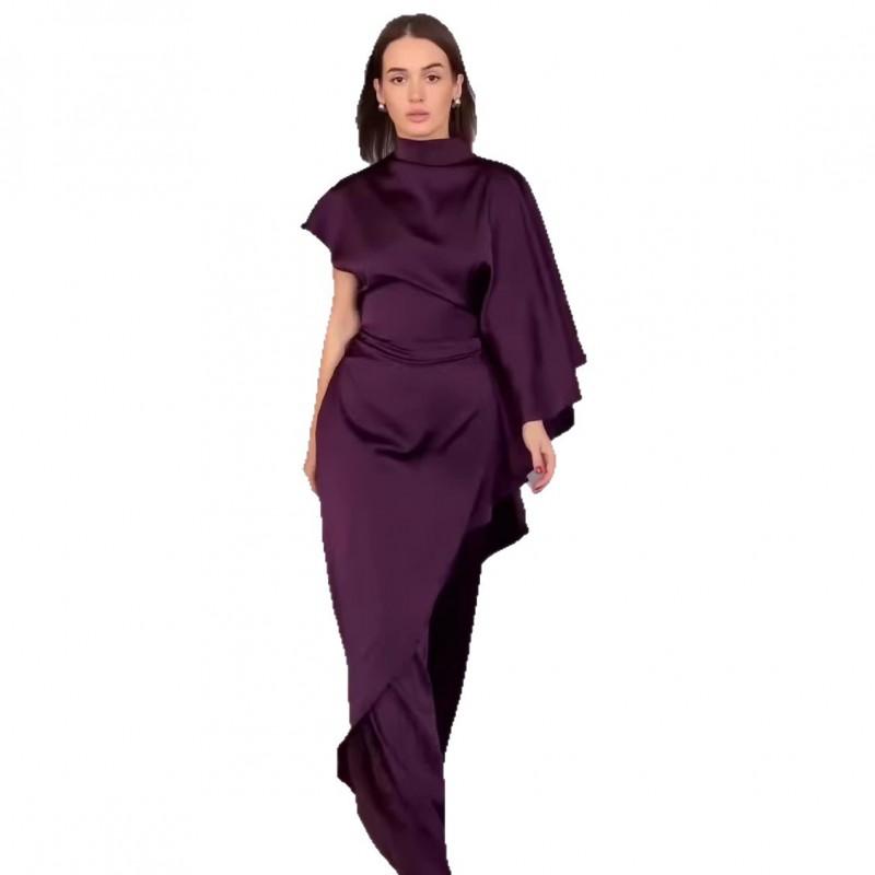 2026 Womens Elegant Slim Fit Satin Two-Piece Set Off Shoulder Top Long Pants Outfit