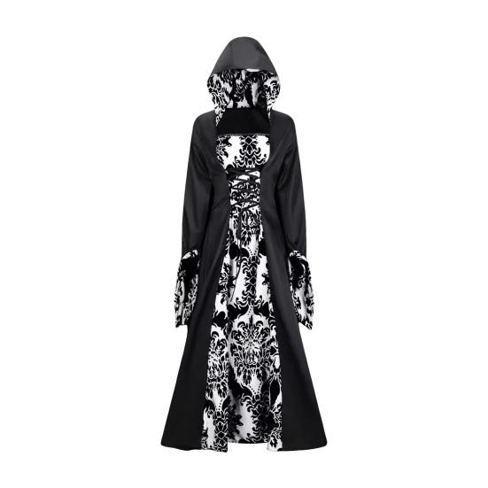 Женское платье для косплея в темном стиле, костюм для вечеринки на Хэллоуин, на шнуровке, с капюшоном, с цветочным принтом, подходящее по цвету, с длинными рукавами и рогами, платье трапециевидной формы