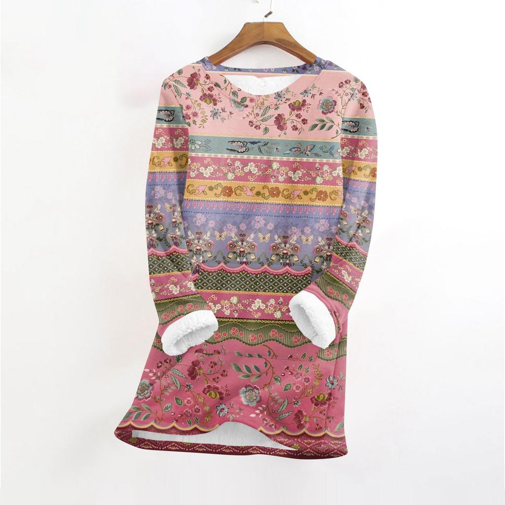 Женский модный плюшевый теплый пуловер с принтом, круглым вырезом и длинными рукавами