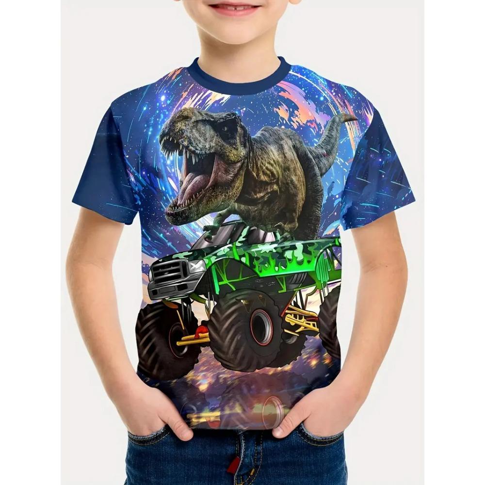 Летний топ с круглым вырезом и 3D-принтом динозавра, модная повседневная детская футболка с коротким рукавом для мальчика