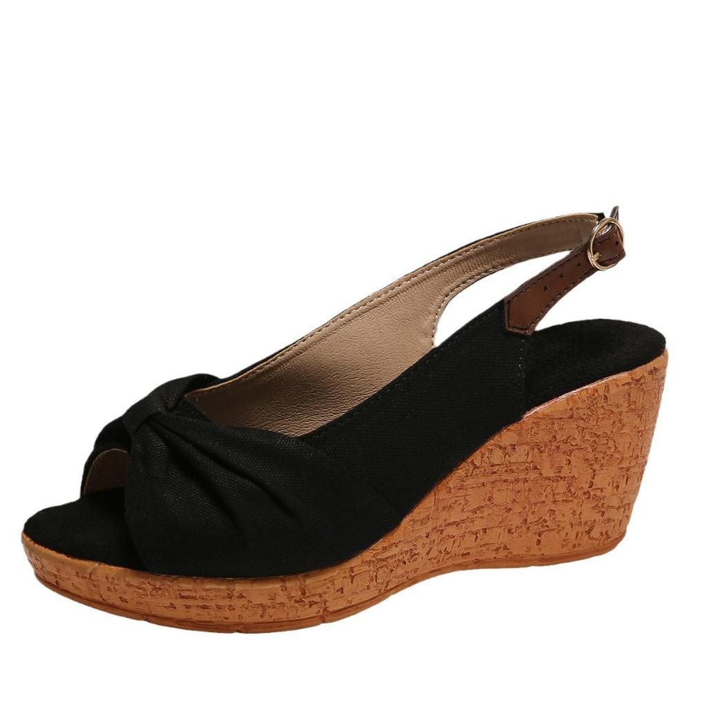 Summer New Wedge Heel Platform Sandals Solid Color Fish Mouth Suede Sweet Bow Sandals