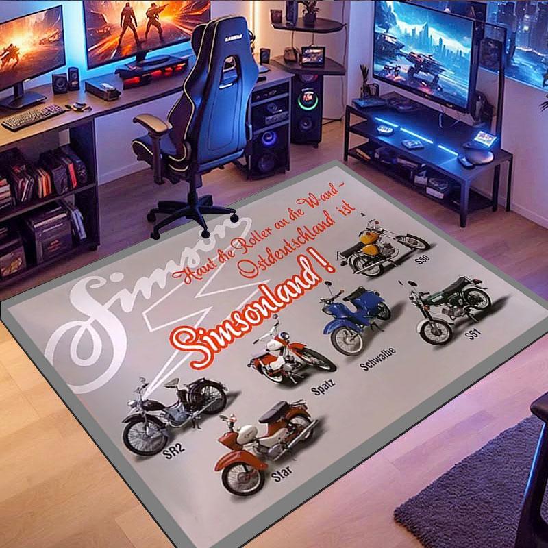 Simson Vintage Motorcycle Rug, suitable for living room, bedroom, game room, computer room and home décor.
