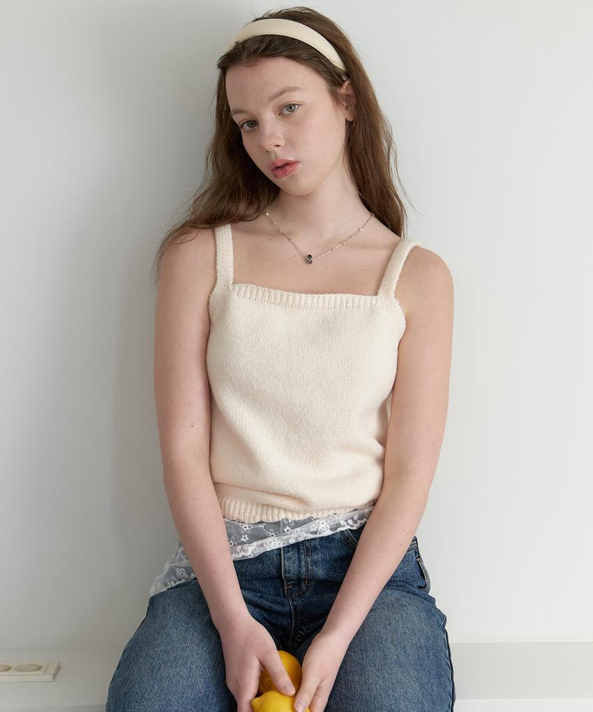 CLUNY [Set] Stitch Lace Pointelle Knit Cardigan - Butter