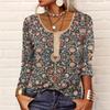 2025 V-neck Women's Ethnic Style Print Button Plus Size Casual T-shirt