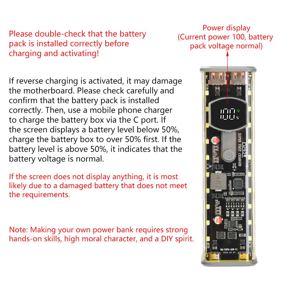 Mobile Bank Case 45W Bidirectional Fast Charging Battery Case Battery Housing Battery Level Digital Display For 18650 Battery