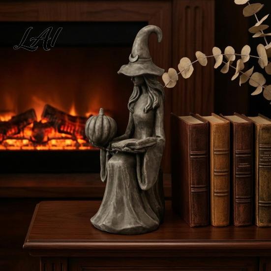 Gothic Home Decor Halloween Witch Statue Figurine with Pumpkin And Book Matte Black Porch Sculpture Mantel Shelf Desk Decor Compact Tabletop