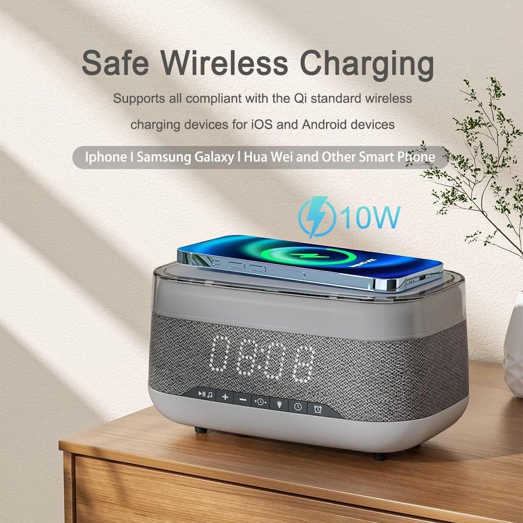 Alarm Clocks for Bedrooms Night Light Bluetooth Speaker Sound Machine Dimmable LED Display Fast Wireless Charger Station