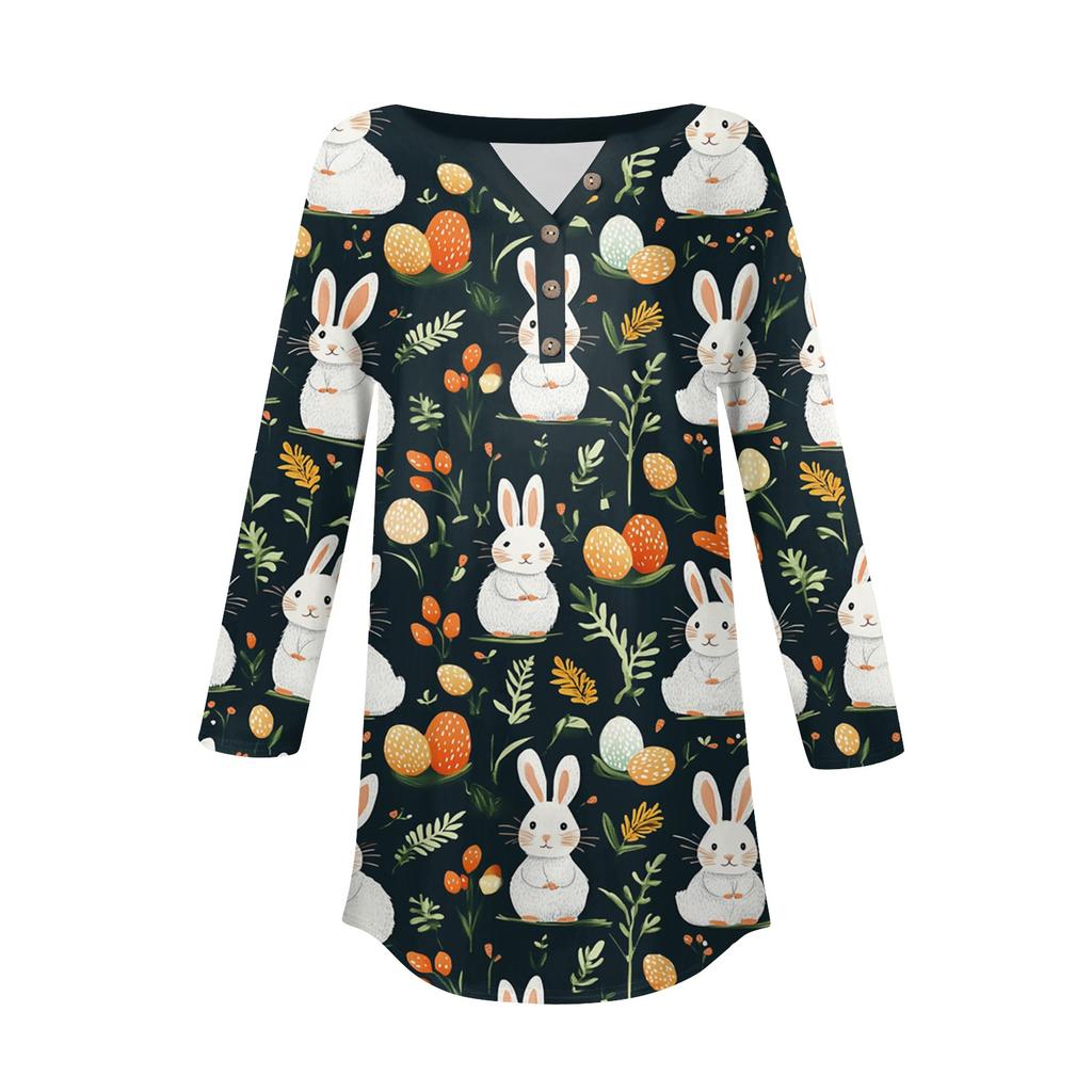 Women's 3/4 Sleeve Easter Egg Bunny Print Button Collar Fashion Casual Top