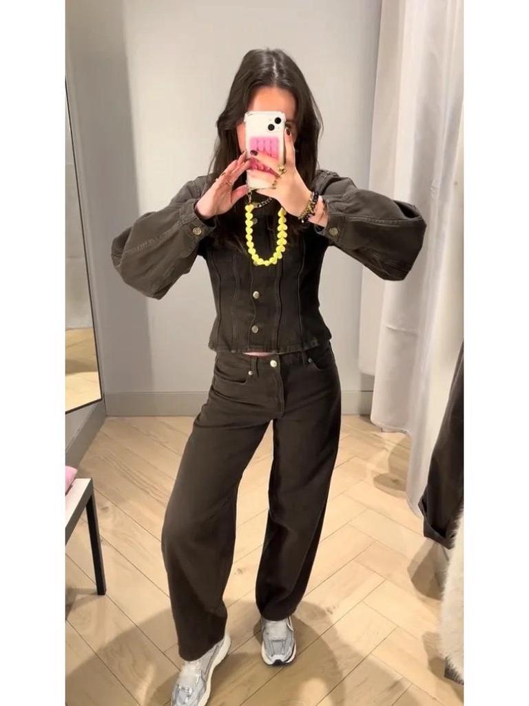 Европейский и американский женский ретро облегающий джинсовый комплект на одной пуговице с брюками широкого кроя - Модный стиль