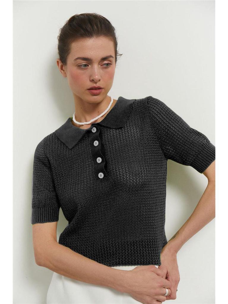 Women's 2025 Summer See-Through Short-Sleeve Knitted Top with Turn-Down Collar