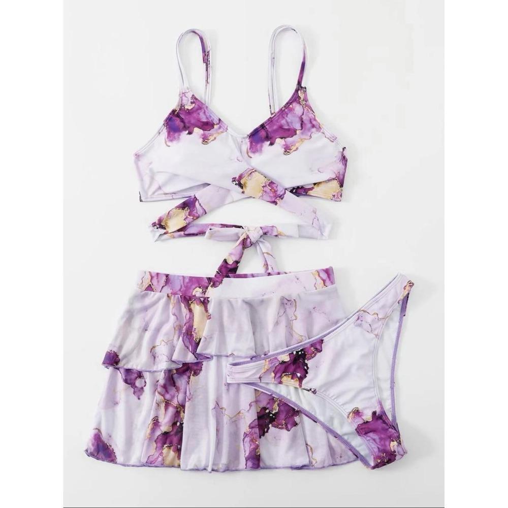 Three Pieces Marble Print Halter Micro Triangle Bikini Swimsuit Women Beach Skirt Swimwear Summer Beach Bathing Suit Bikini Set