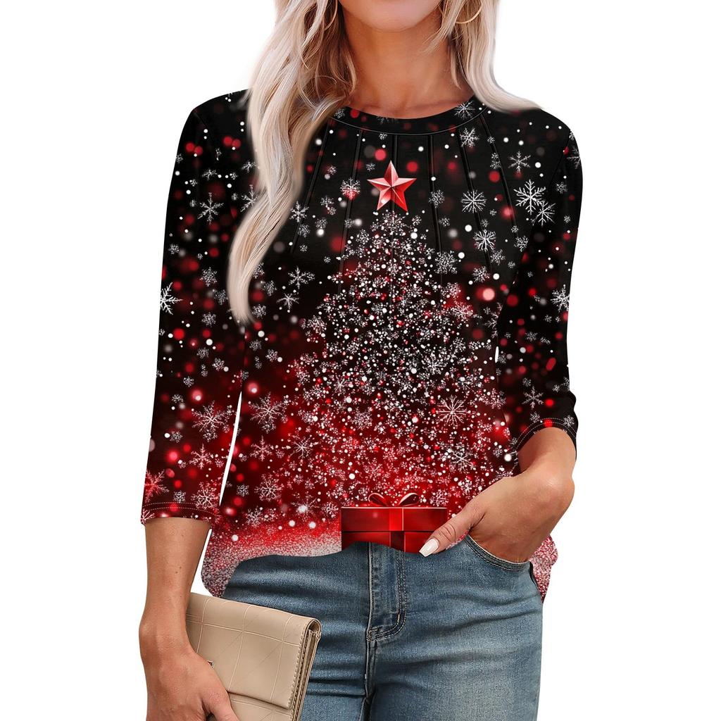 Женская модная повседневная футболка с круглым вырезом и рукавом семь четвертей в стиле ретро с принтом, плиссированная футболка