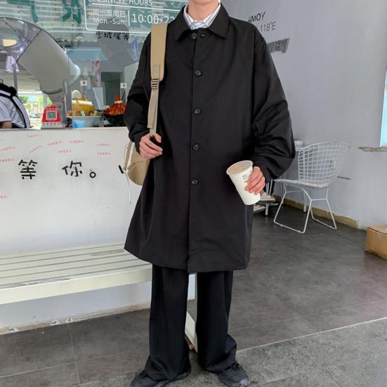 Мужская ветровка, пальто с лацканами, длинный рукав, двубортный тренчкот с карманами, однотонный, свободный крой, повседневная верхняя одежда средней длины