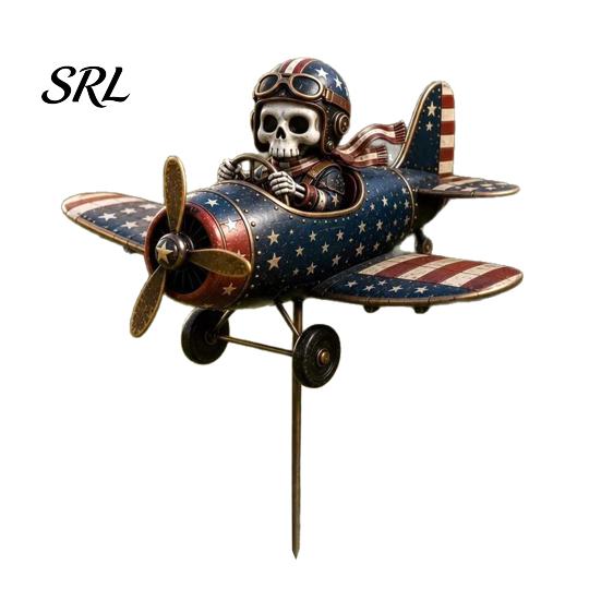 Vintage Style Garden Accessory Metal Skeleton Pilot Airplane Wind Spinner with Ground Stake, American Flag Retro Lawn Ornament Yard Rustic Iron