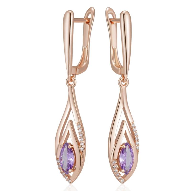 Длинный кулон полые геометрические фиолетовые серьги с цирконом, модные золотые винтажные украшения для свадьбы и вечеринки
