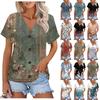 Women's Fashion Short-sleeved V-neck Floral Print Top Casual Button Up T-shirt